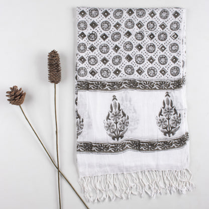 Ethnic Floral Printed Linen Stole with Fringed Edges