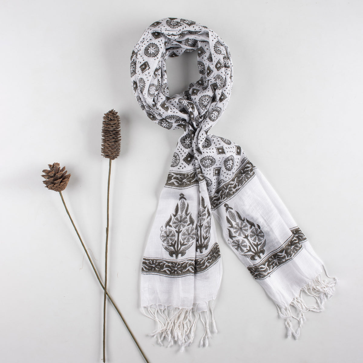 Ethnic Floral Printed Linen Stole with Fringed Edges