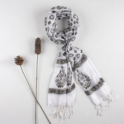 Ethnic Floral Printed Linen Stole with Fringed Edges