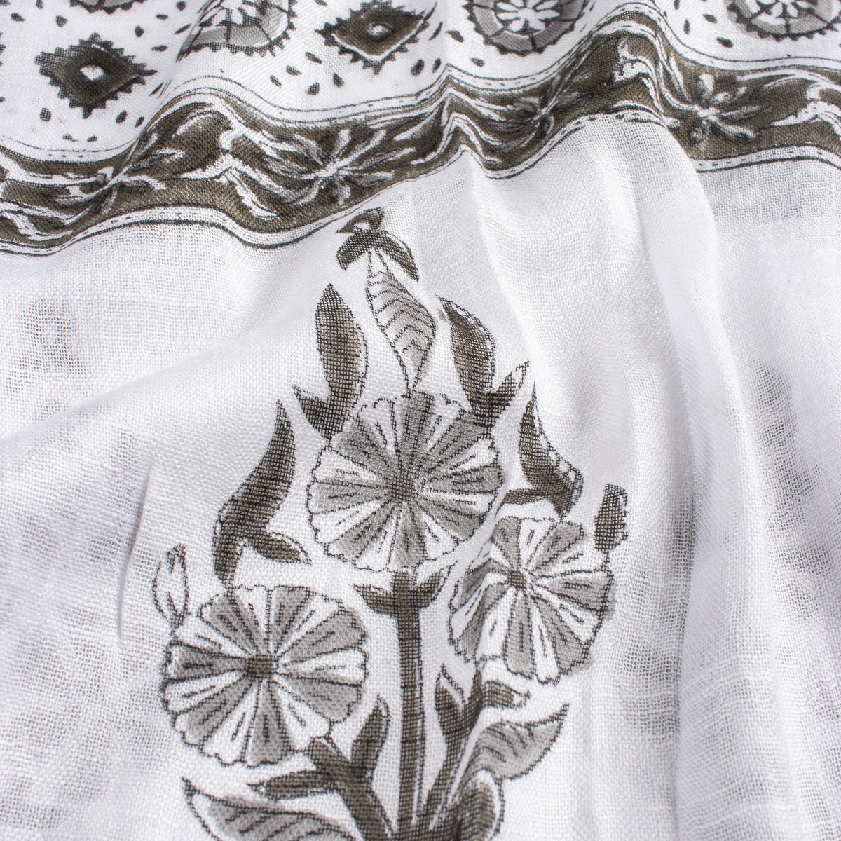 Ethnic Floral Printed Linen Stole with Fringed Edges