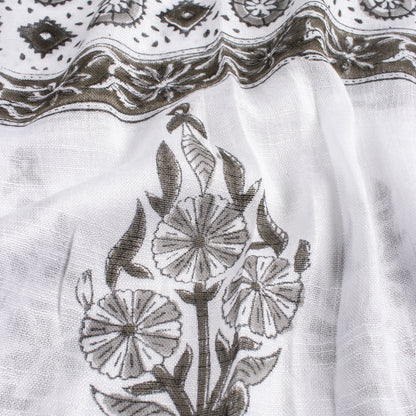 Ethnic Floral Printed Linen Stole with Fringed Edges