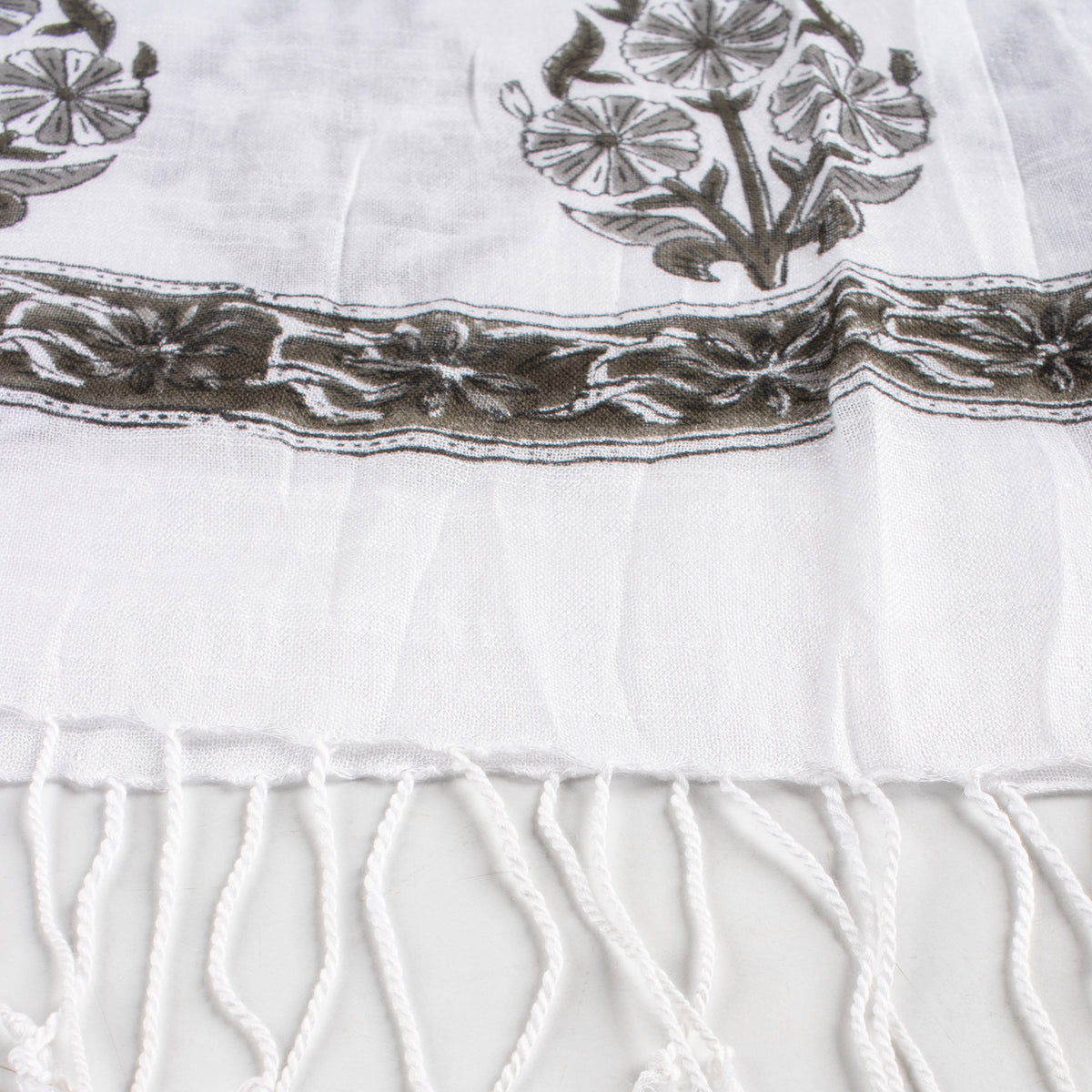 Ethnic Floral Printed Linen Stole with Fringed Edges