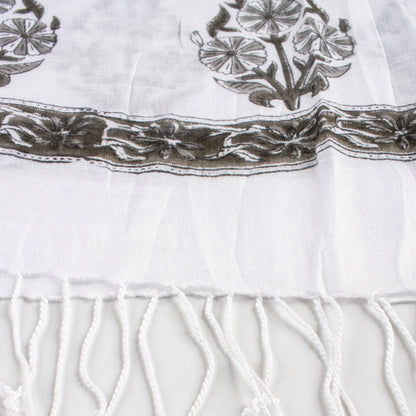 Ethnic Floral Printed Linen Stole with Fringed Edges