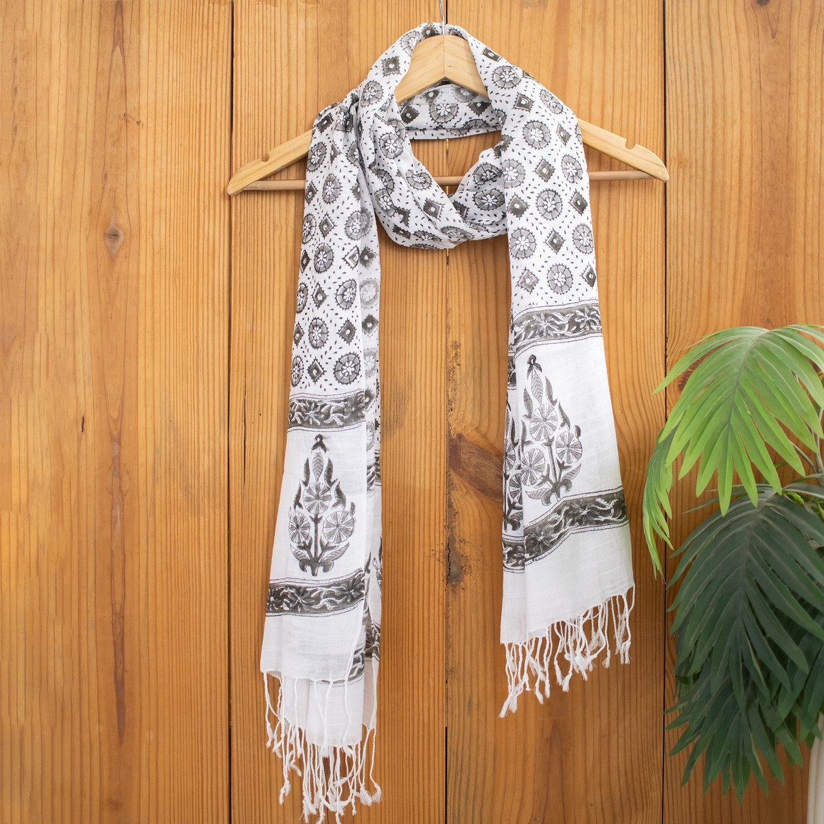 Ethnic Floral Printed Linen Stole with Fringed Edges