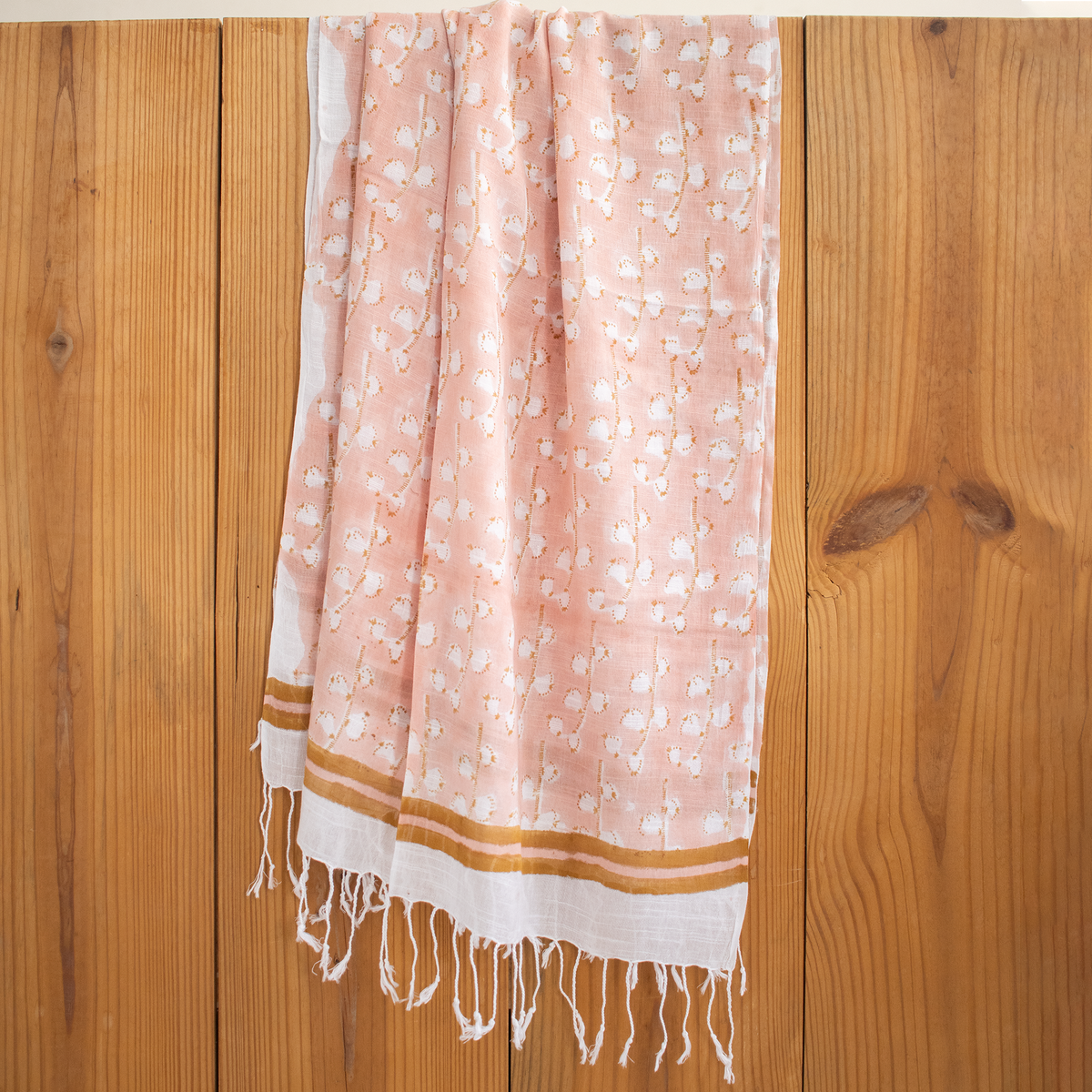 Peach Hand Block Soft Floral Printed Linen Stole