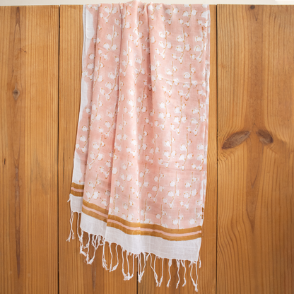 Peach Hand Block Soft Floral Printed Linen Stole