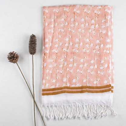 Peach Hand Block Soft Floral Printed Linen Stole