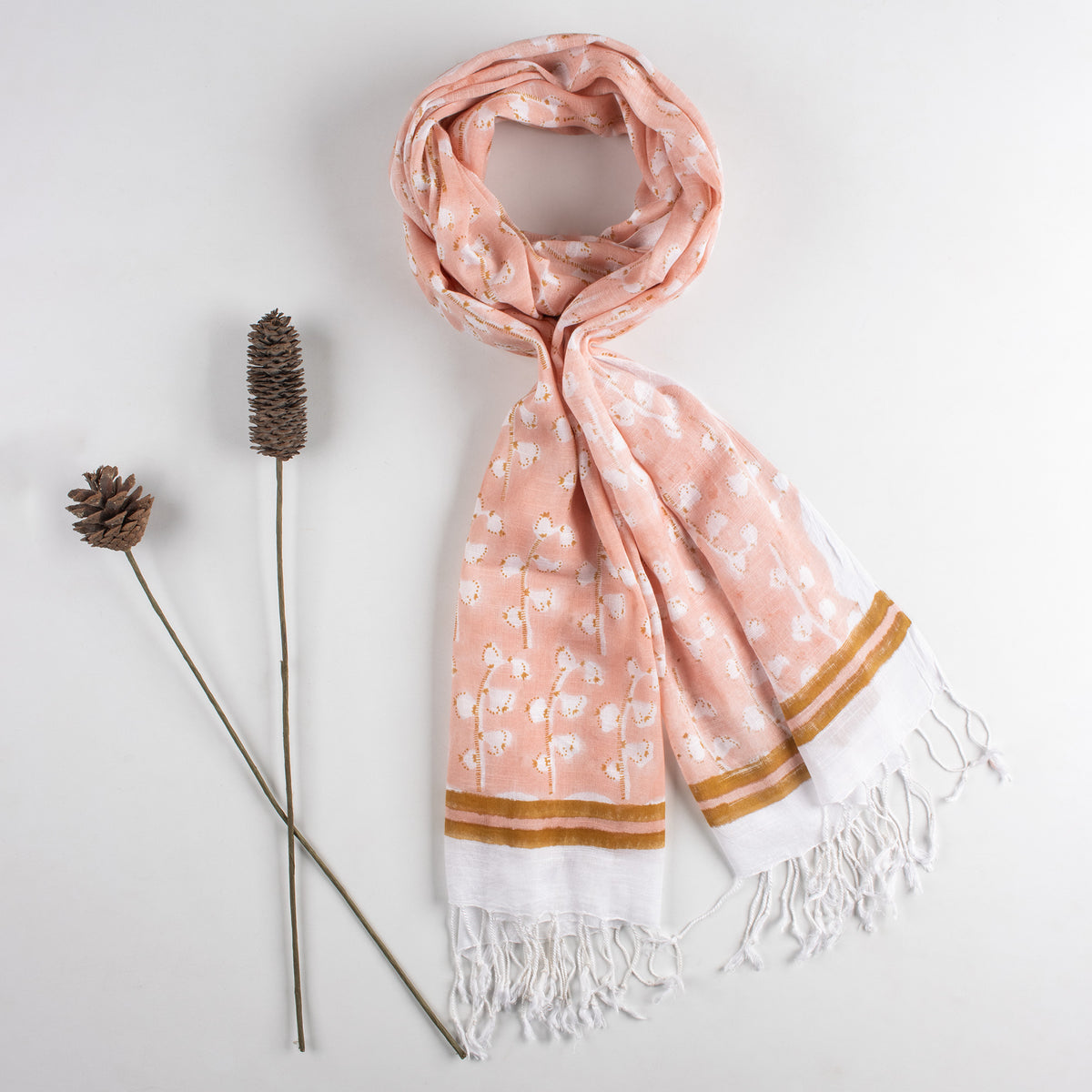 Peach Hand Block Soft Floral Printed Linen Stole