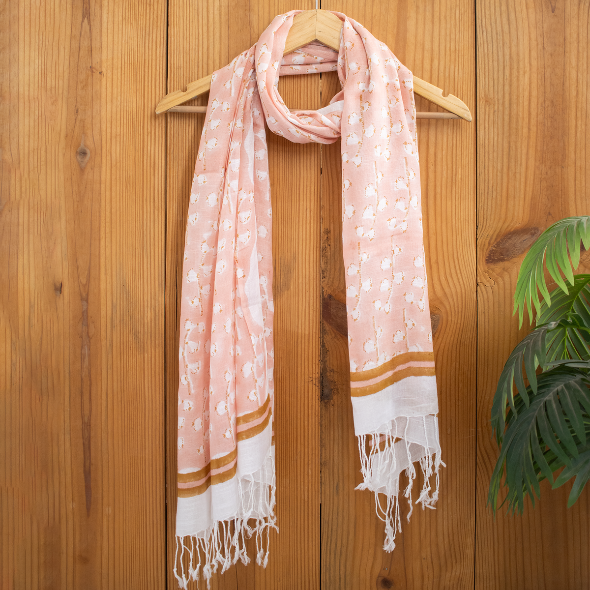 Peach Hand Block Soft Floral Printed Linen Stole