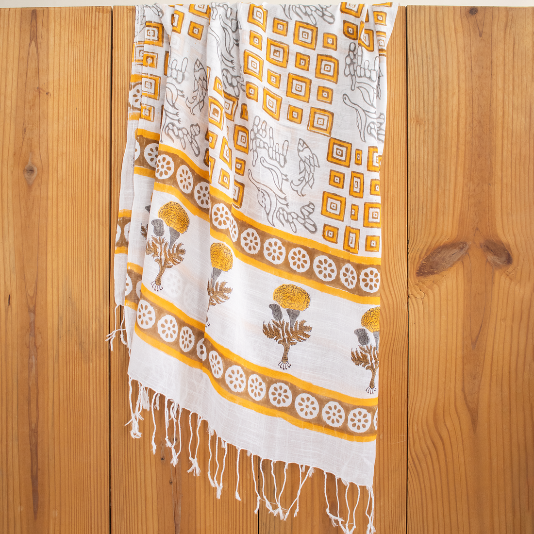 Yellow Hand Printed Floral Linen Stole For Women Travel Stole