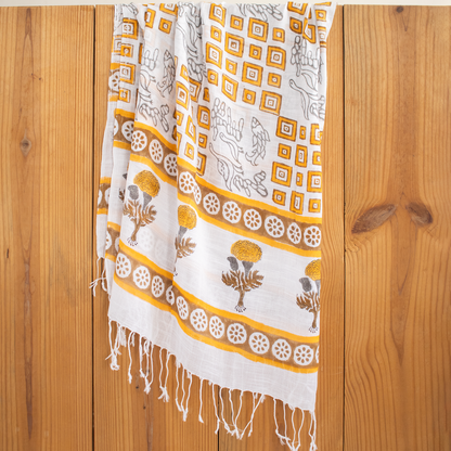 Yellow Hand Printed Floral Linen Stole For Women Travel Stole