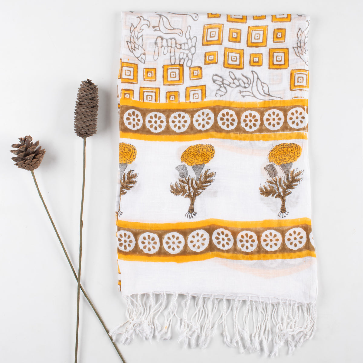 Yellow Hand Printed Floral Linen Stole For Women Travel Stole