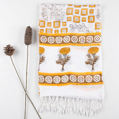 Yellow Hand Printed Floral Linen Stole For Women Travel Stole
