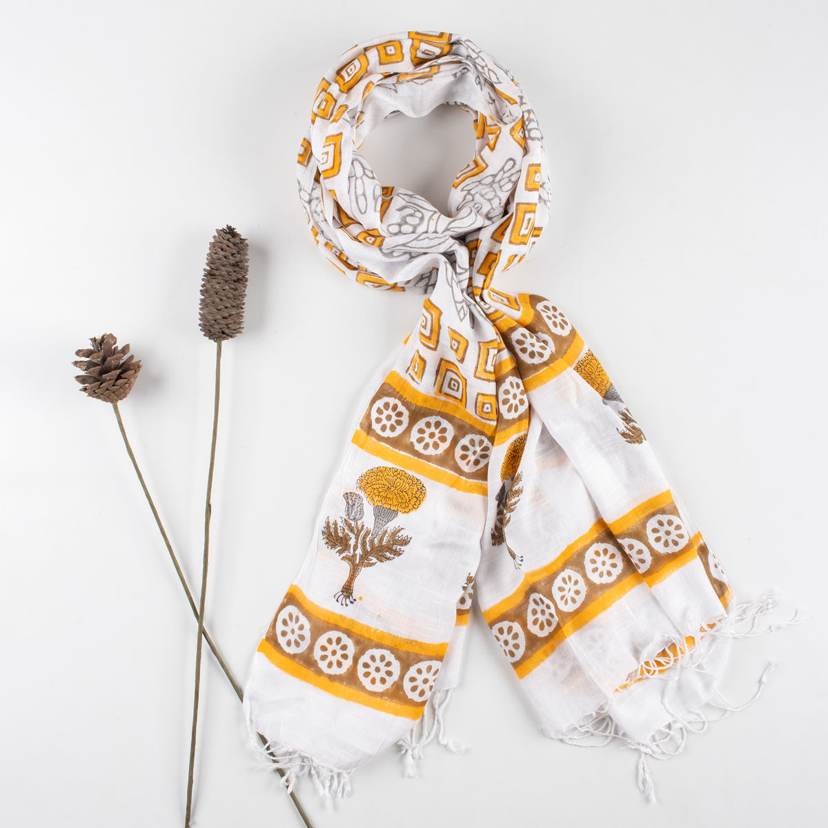 Yellow Hand Printed Floral Linen Stole For Women Travel Stole