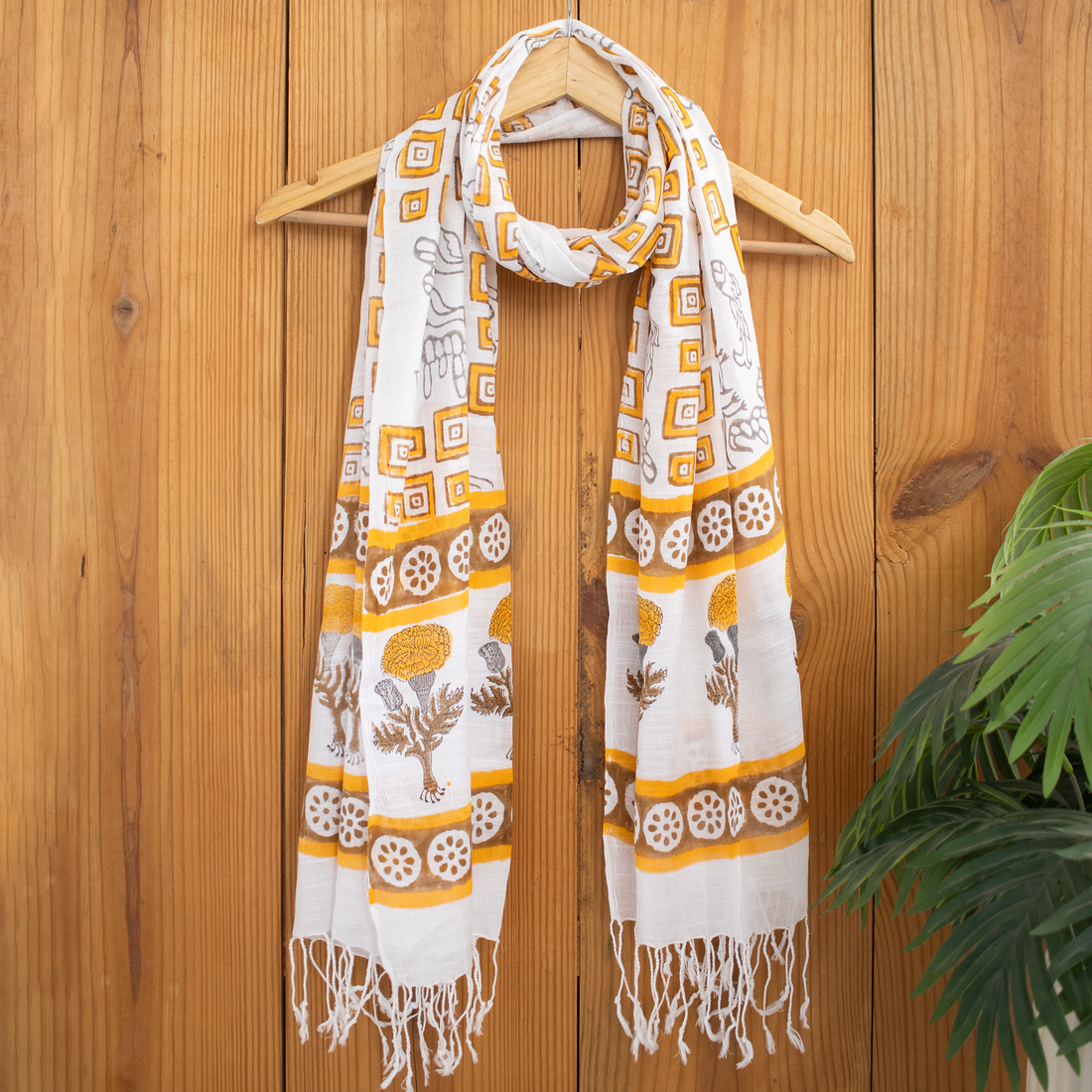 Yellow Hand Printed Floral Linen Stole For Women Travel Stole