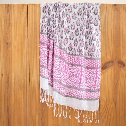 Beautiful Pink Hand Block Floral Print Soft Linen Stole