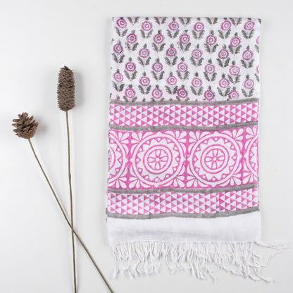 Beautiful Pink Hand Block Floral Print Soft Linen Stole