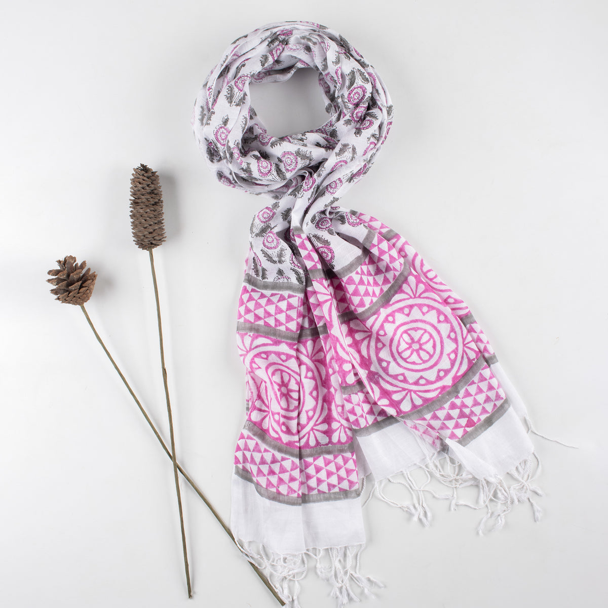 Beautiful Pink Hand Block Floral Print Soft Linen Stole
