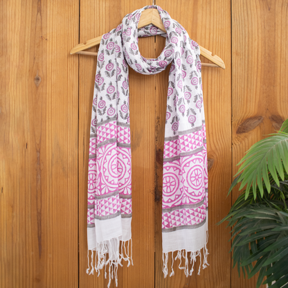 Beautiful Pink Hand Block Floral Print Soft Linen Stole