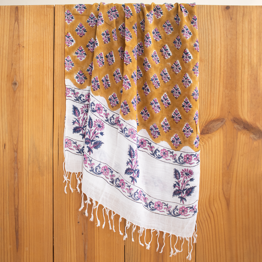 Indian Floral Brown Hand Block Print Linen Stole