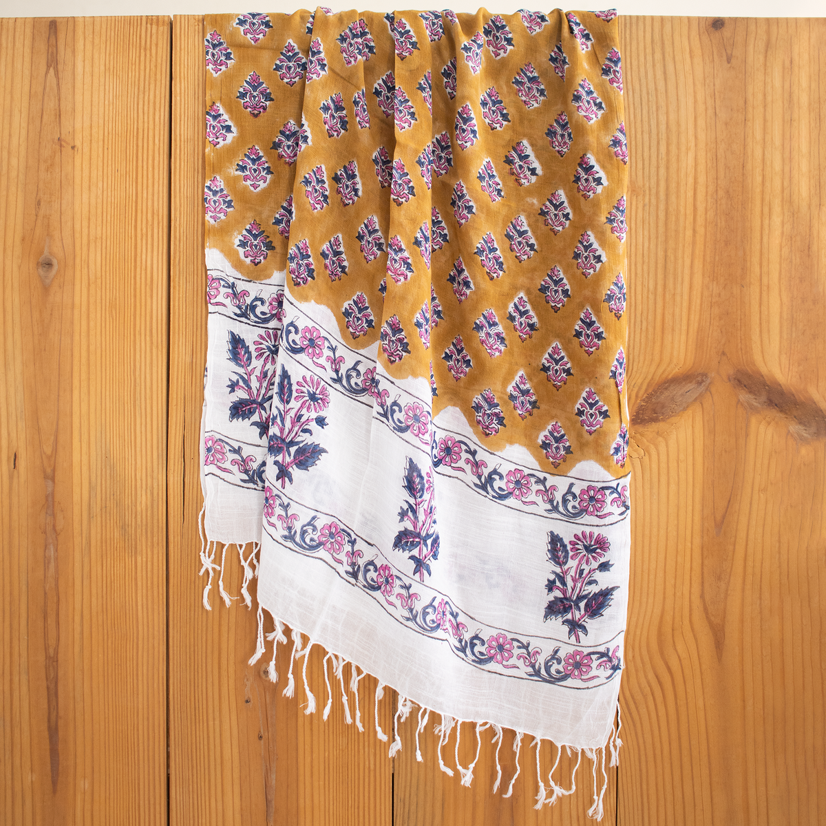 Indian Floral Brown Hand Block Print Linen Stole