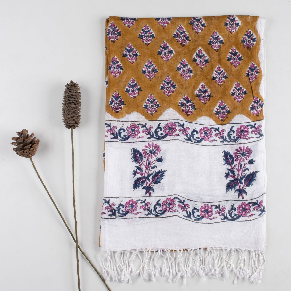 Indian Floral Brown Hand Block Print Linen Stole