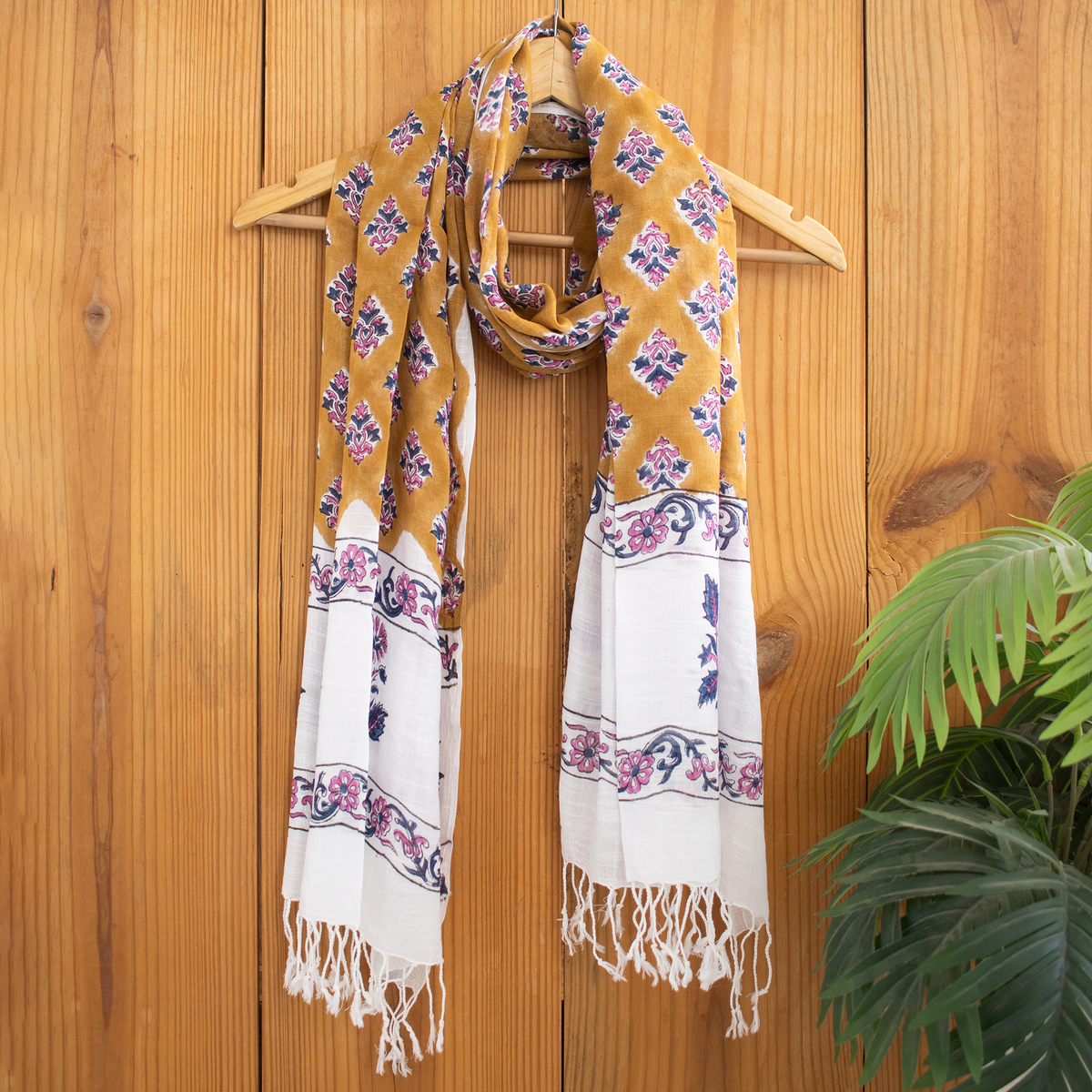 Indian Floral Brown Hand Block Print Linen Stole