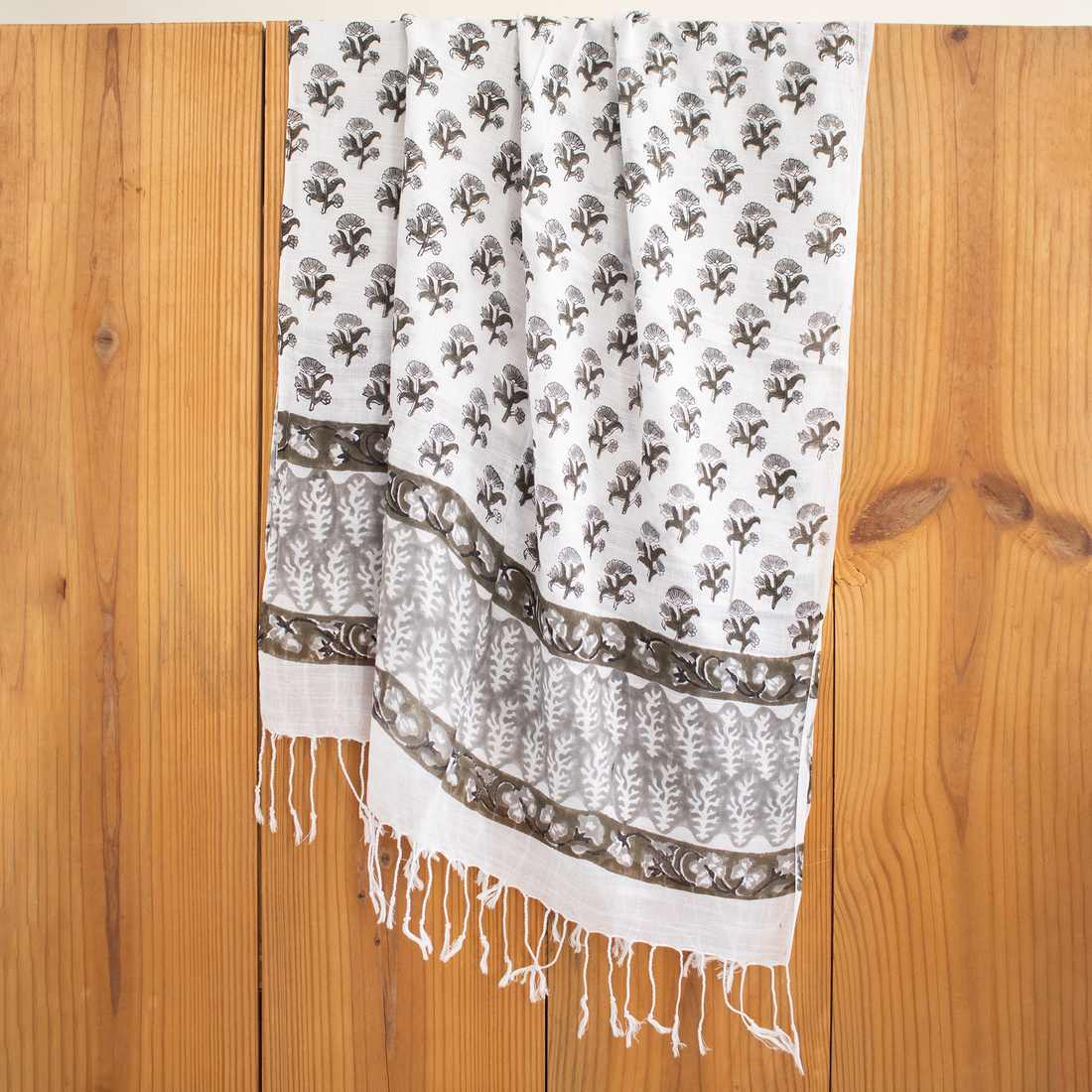 Gray Hand Block Floral Printed Linen Stole For Women