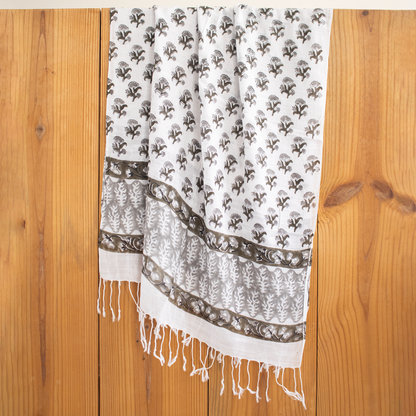 Gray Hand Block Floral Printed Linen Stole For Women