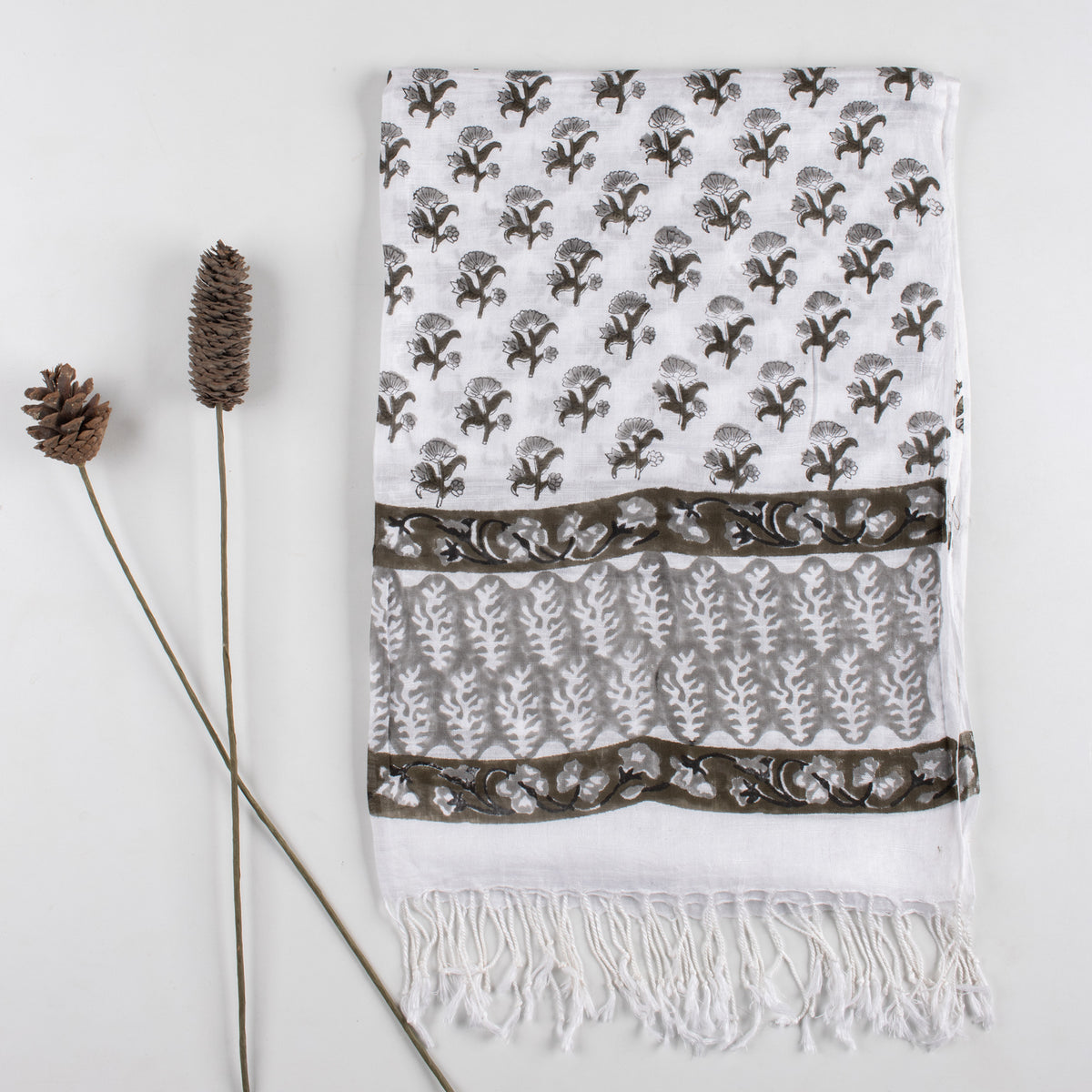 Gray Hand Block Floral Printed Linen Stole For Women