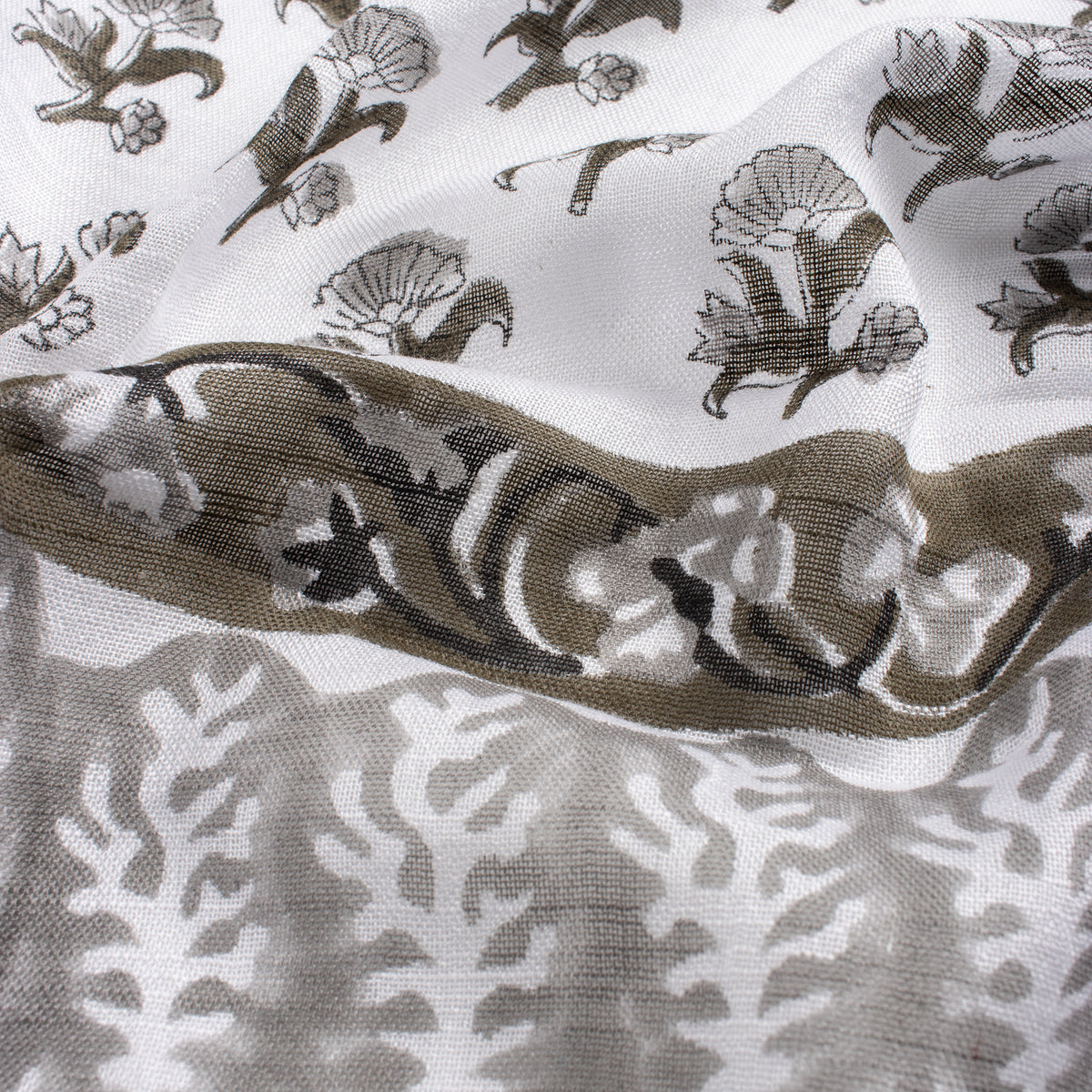 Gray Hand Block Floral Printed Linen Stole For Women