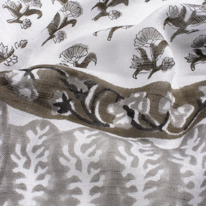 Gray Hand Block Floral Printed Linen Stole For Women