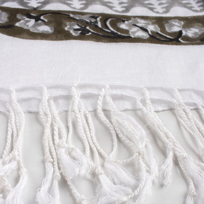 Gray Hand Block Floral Printed Linen Stole For Women