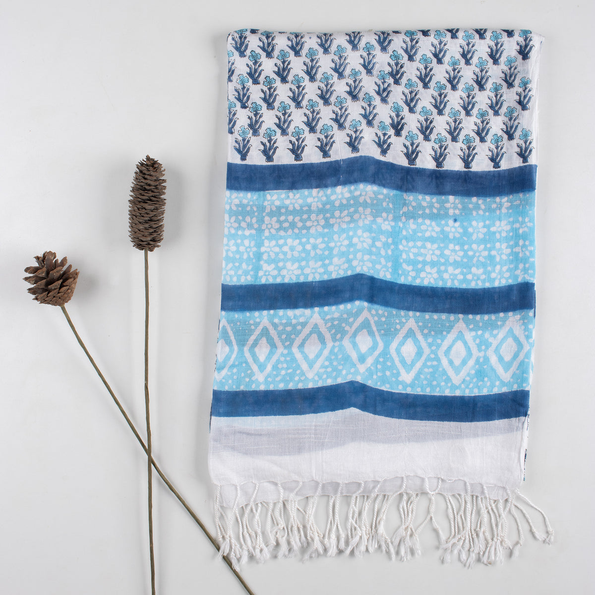 Sky Blue Hand Block Floral Printed Linen Stole For Women