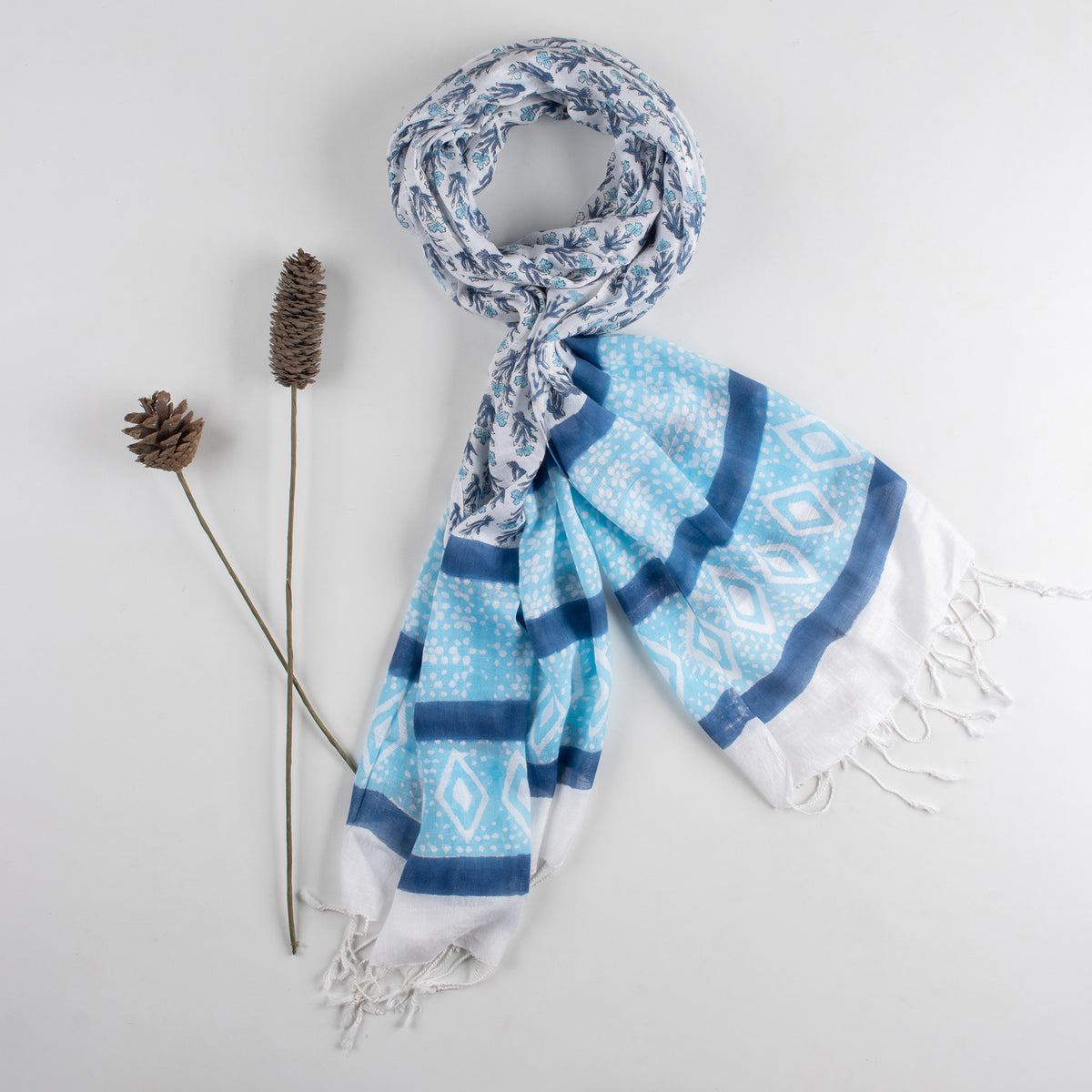 Sky Blue Hand Block Floral Printed Linen Stole For Women