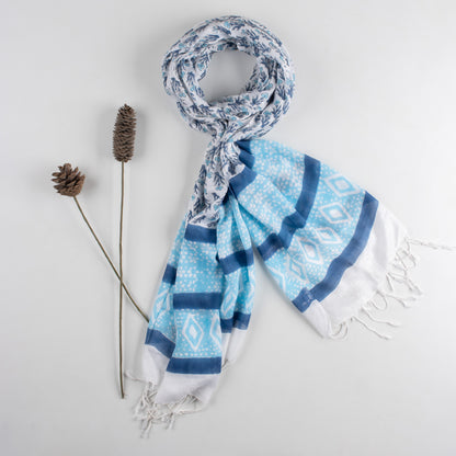 Sky Blue Hand Block Floral Printed Linen Stole For Women