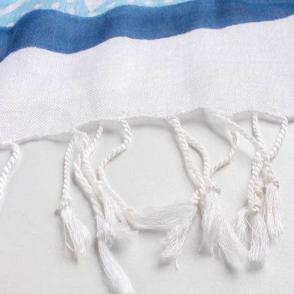 Sky Blue Hand Block Floral Printed Linen Stole For Women