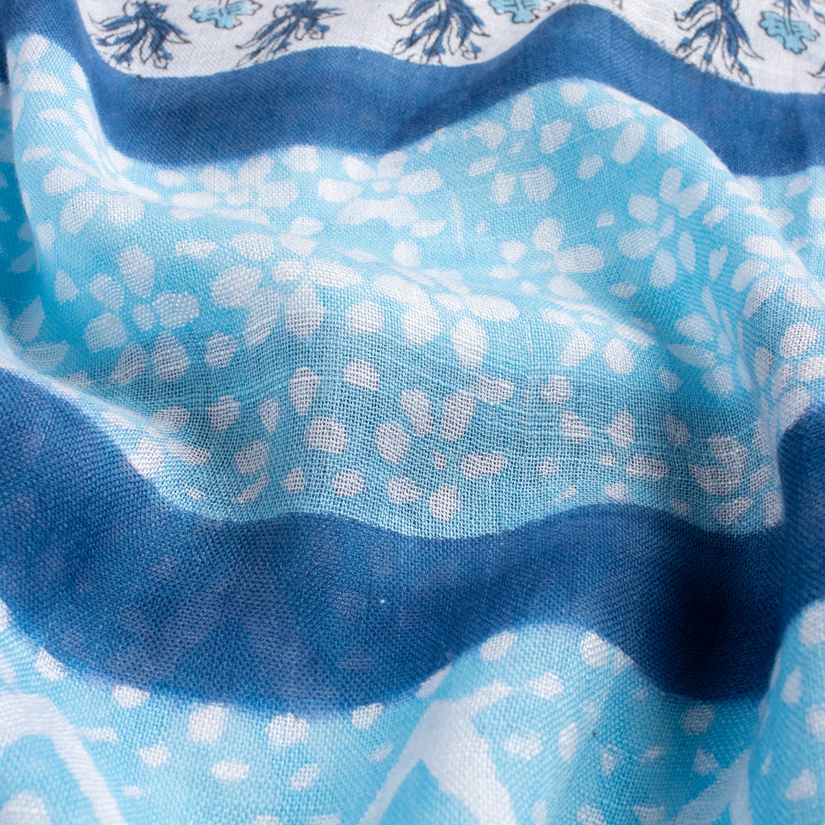 Sky Blue Hand Block Floral Printed Linen Stole For Women