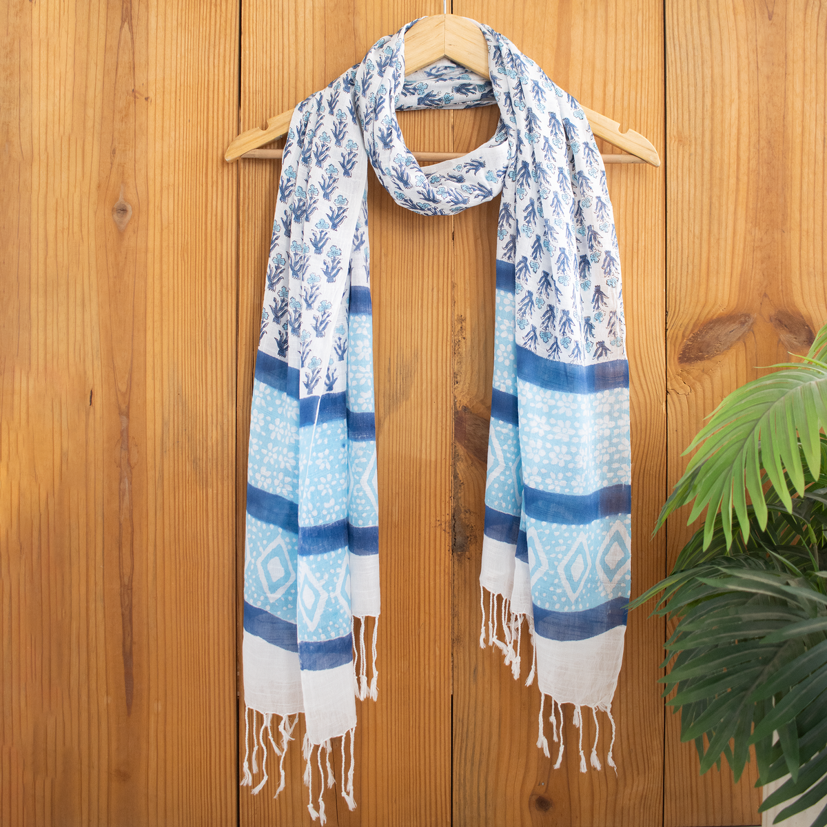 Sky Blue Hand Block Floral Printed Linen Stole For Women