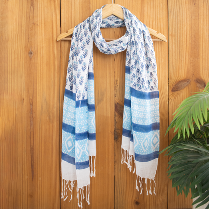 Sky Blue Hand Block Floral Printed Linen Stole For Women