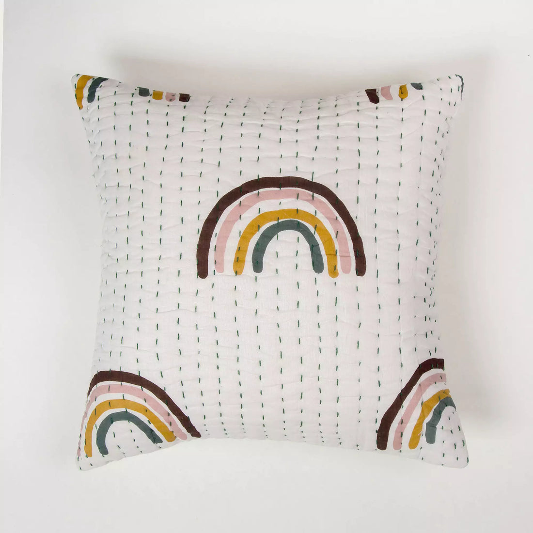 Rainbow Hand Block Kantha Cotton Cushion Cover