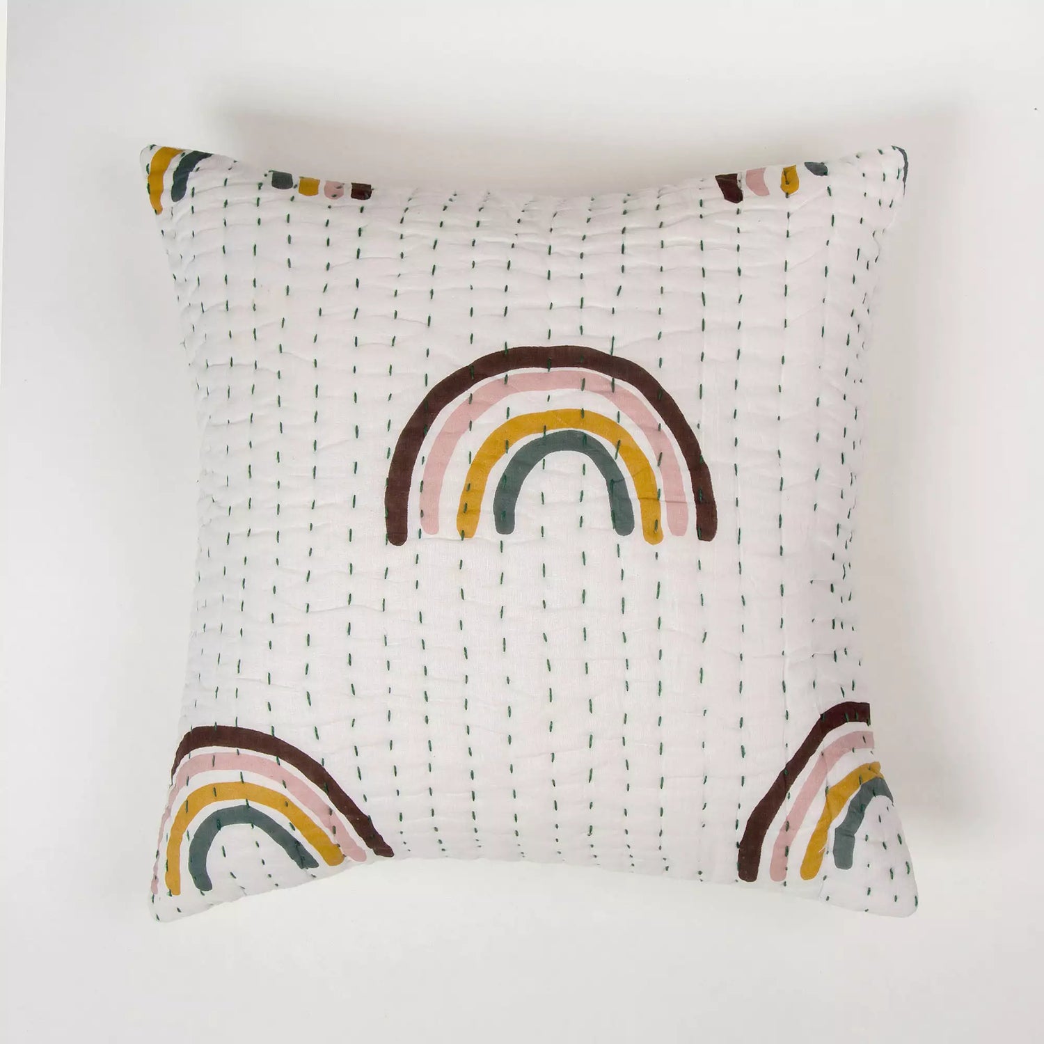Rainbow Hand Block Kantha Cotton Cushion Cover