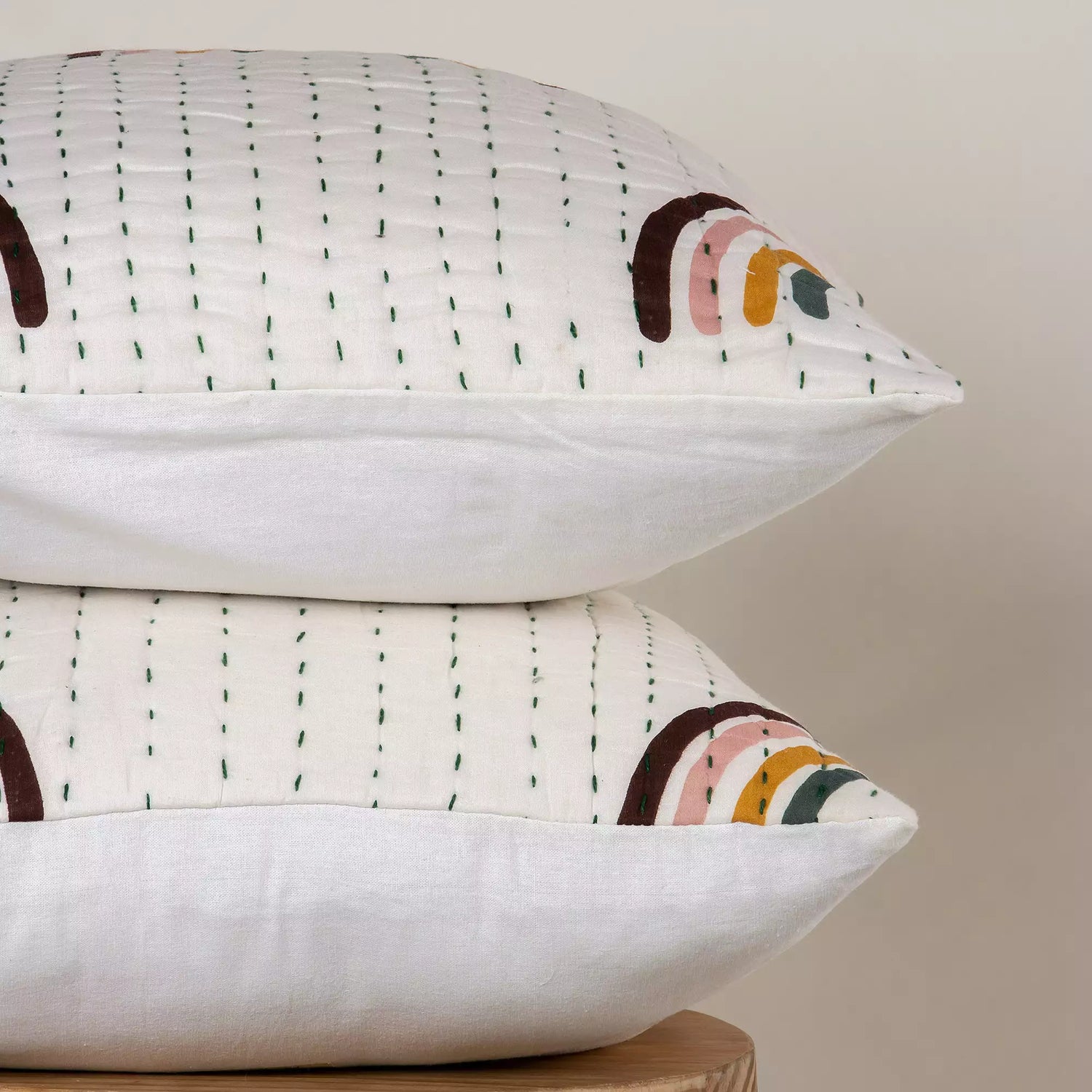 Rainbow Hand Block Kantha Cotton Cushion Cover
