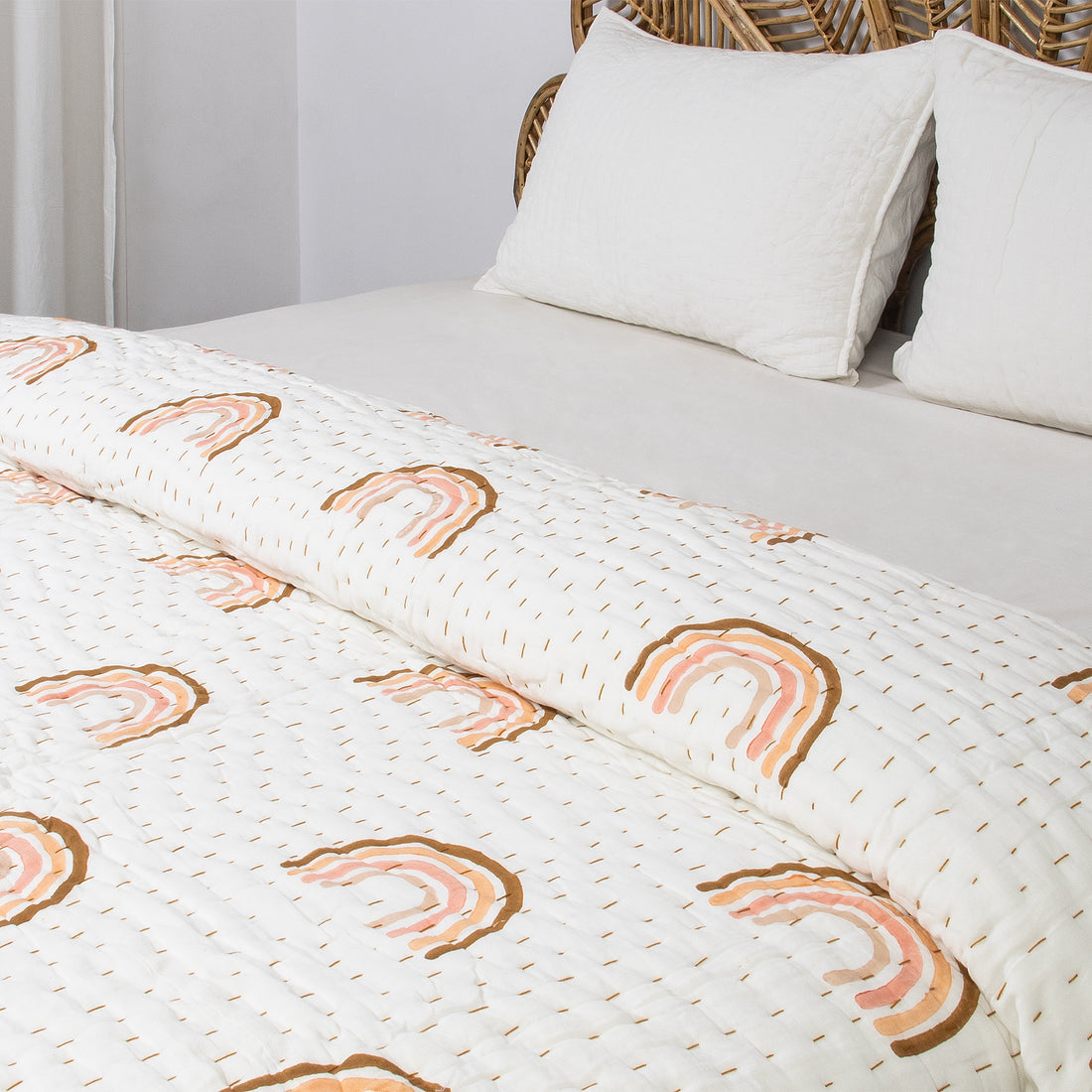 Rainbow Hand Block Printed Reversible Cotton Kantha Quilt 