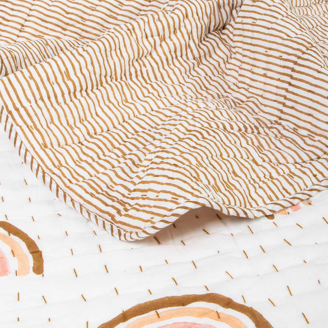 Rainbow Hand Block Printed Reversible Cotton Kantha Quilt