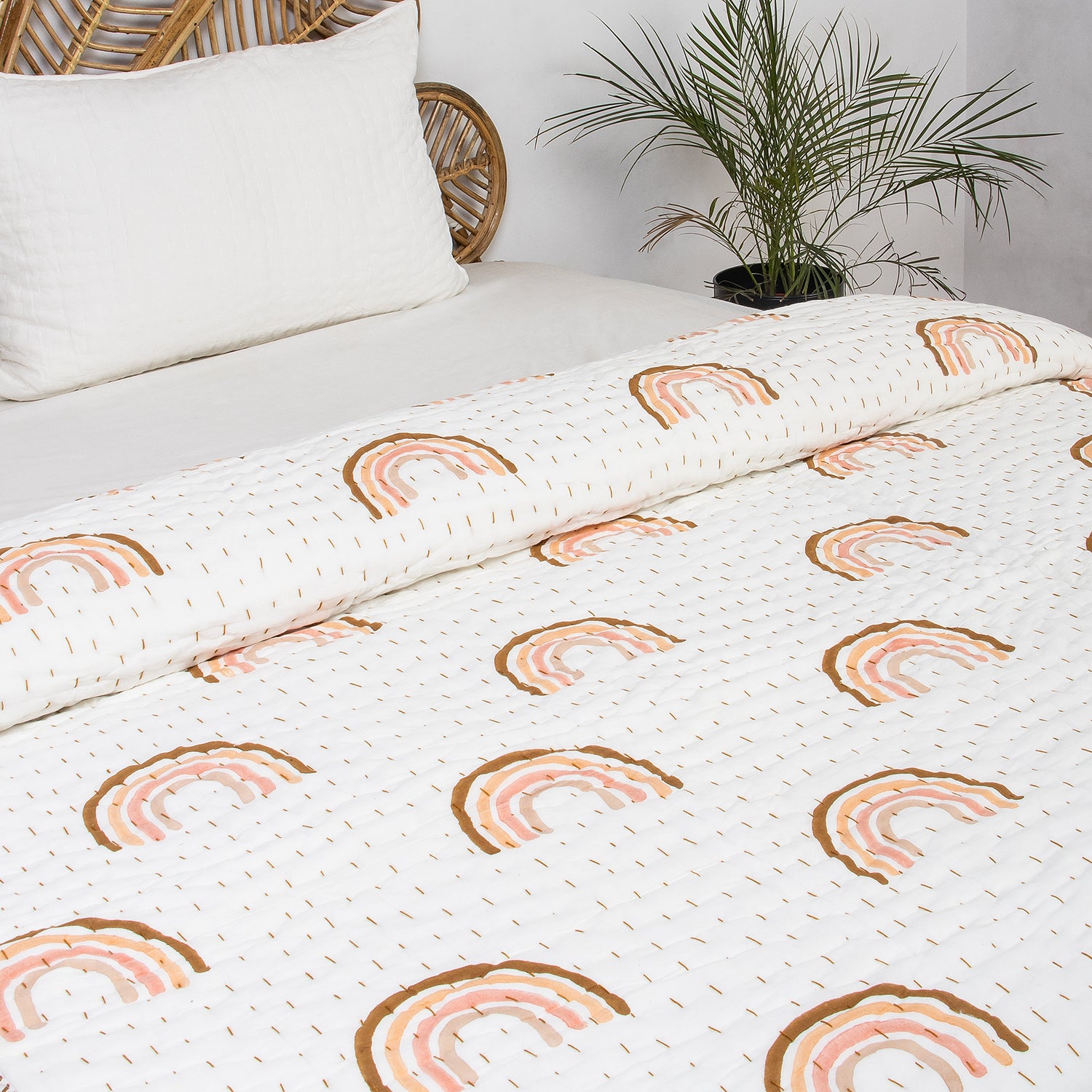 Rainbow Hand Block Printed Reversible Cotton Kantha Quilt