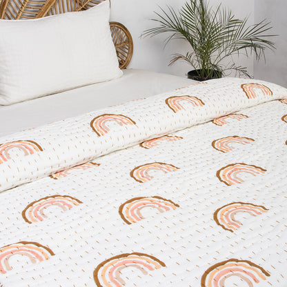 Rainbow Hand Block Printed Reversible Cotton Kantha Quilt