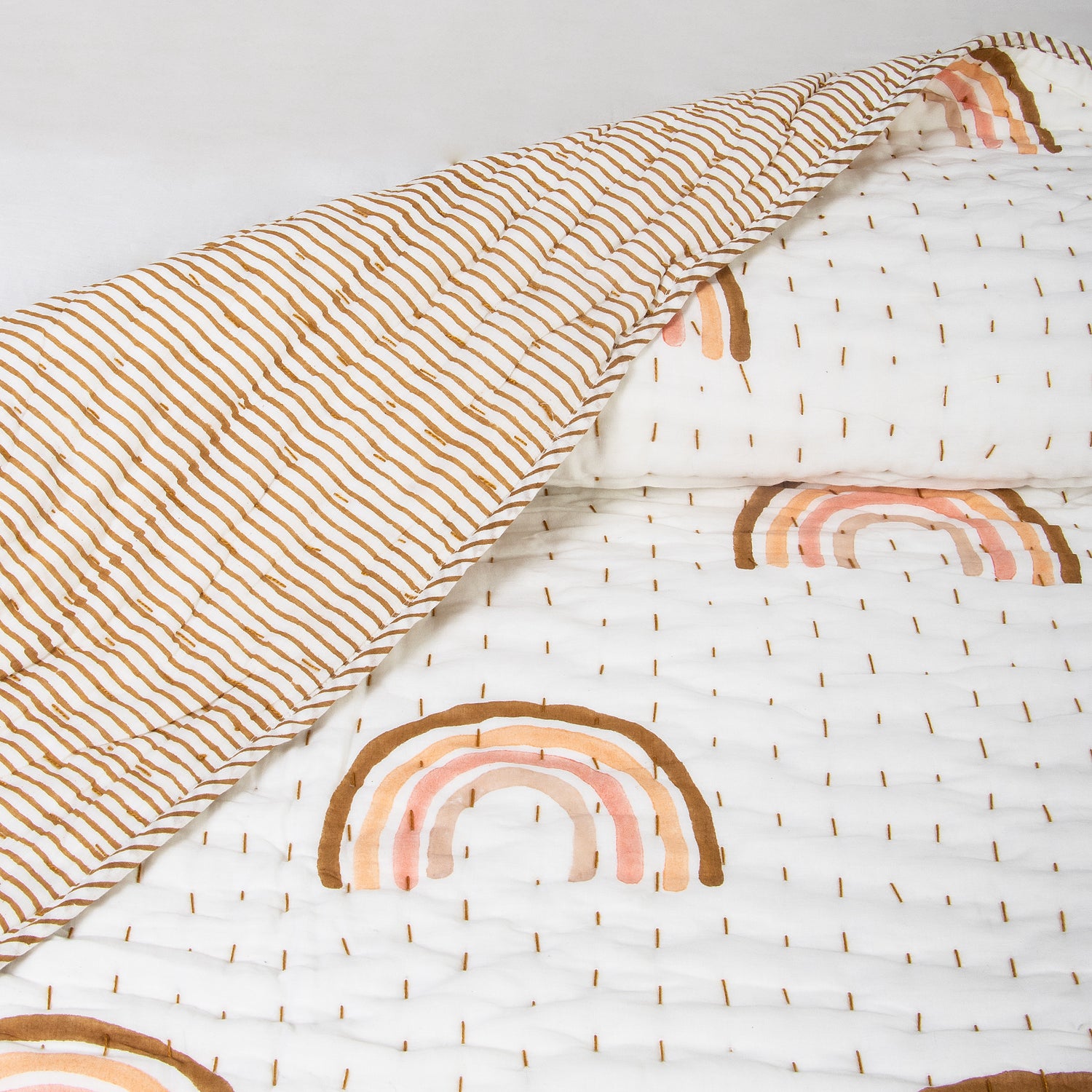 Rainbow Hand Block Printed Reversible Cotton Kantha Quilt