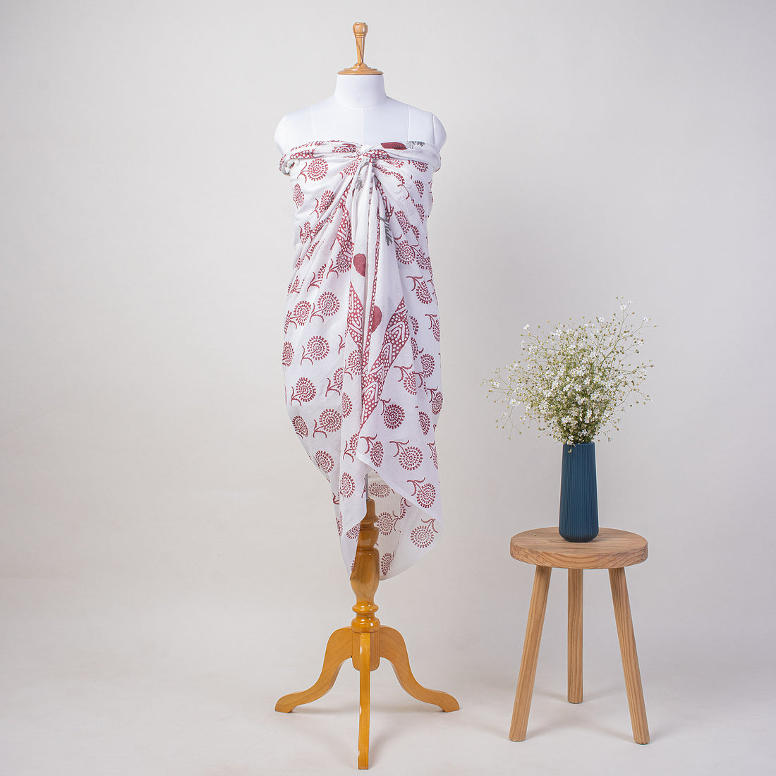 Red Floral Hand Block Print Beach Sarong Wrap For Women