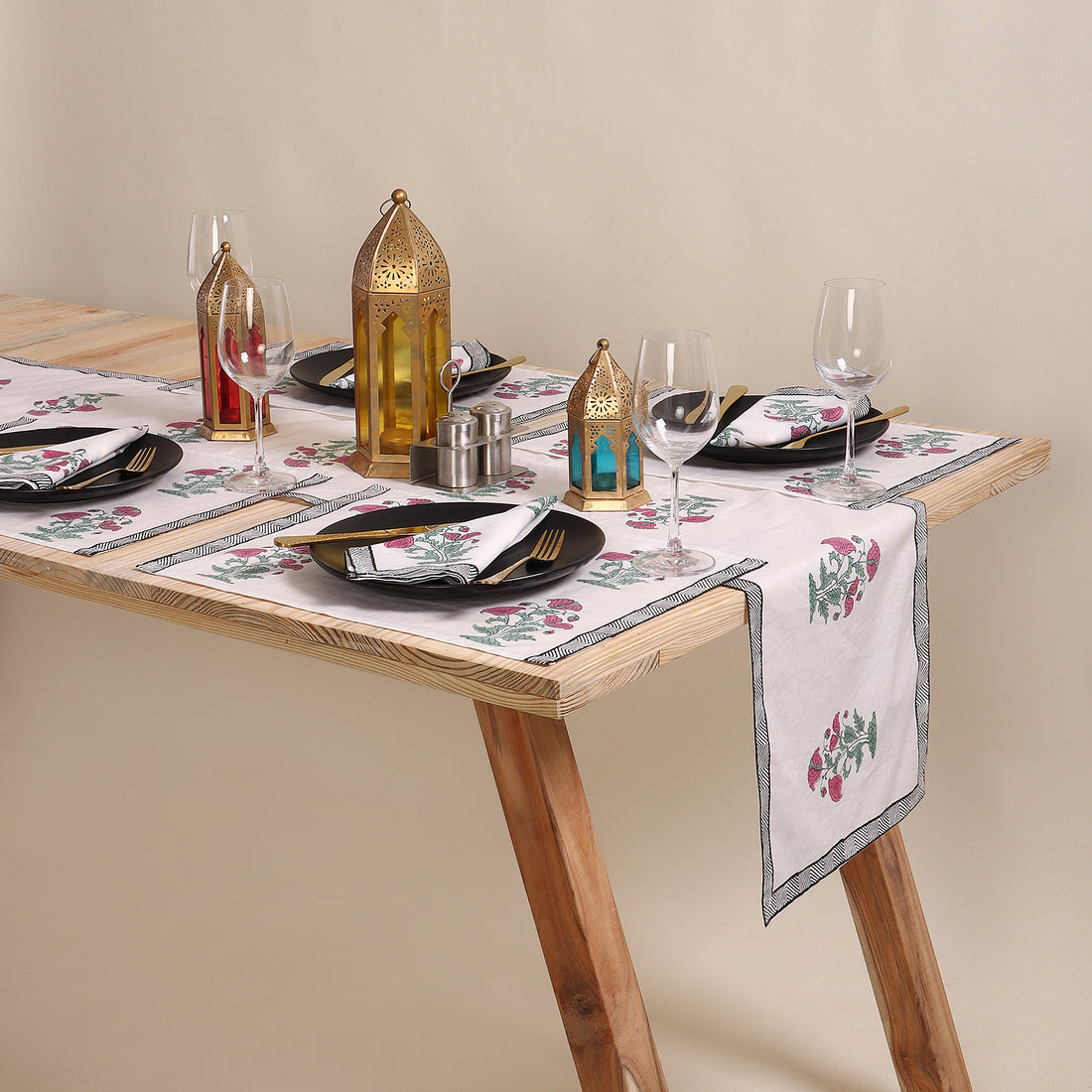Red Floral Hand Block Printed Cotton Holiday Table Runner